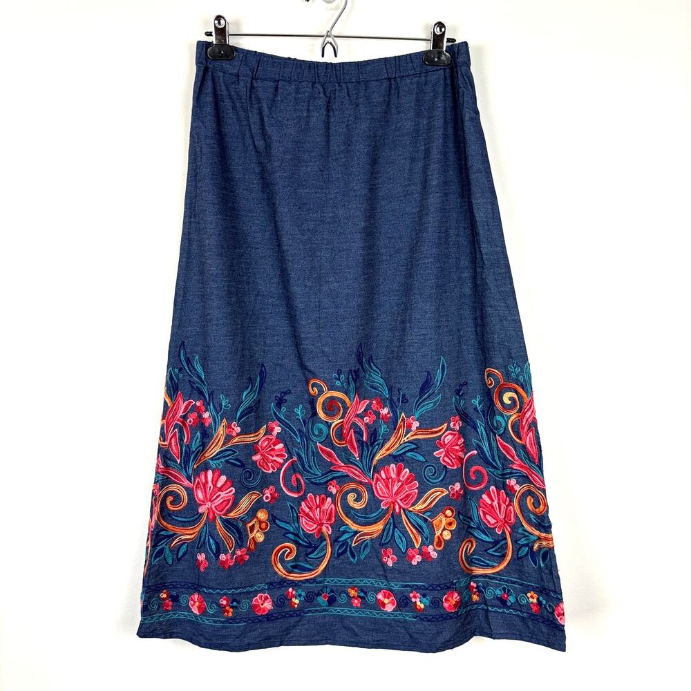 Handmade Floral Embroidered Midi Skirt Medium Pull-on Chambray Denim